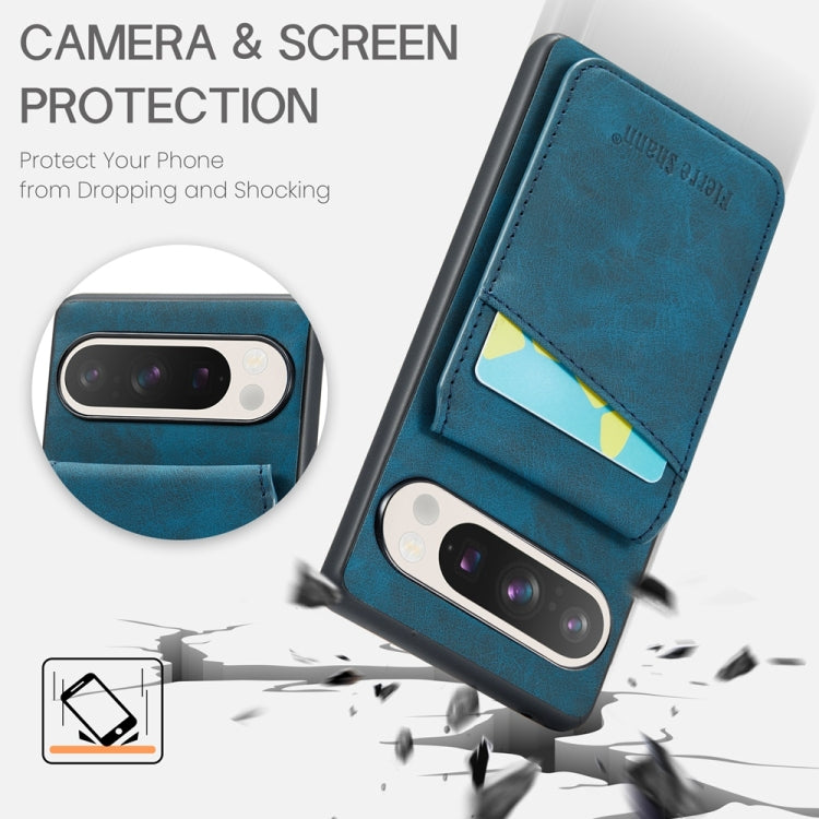 For Google Pixel 9 Pro XL Fierre Shann Crazy Horse Card Holder Back Cover PU Phone Case(Blue) by FIERRE SHANN