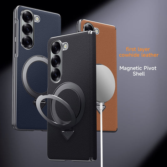 For Samsung Galaxy Z Fold 6 SULADA Top Grain Leather MagSafe Magnetic Holder Phone Case(Black) by SULADA