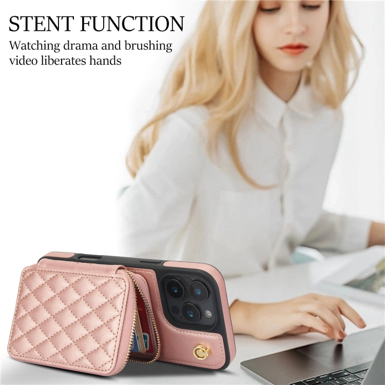 For iPhone 16 Pro Max AwQuer Crossbody Zipper Wallet Rhombic Leather Back Phone Case(Rose Gold) by Awquer