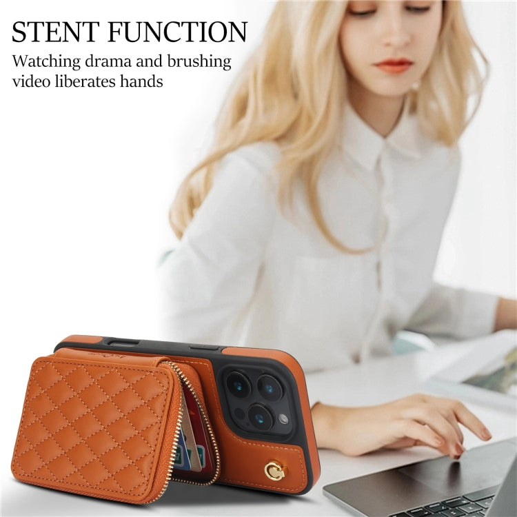 For iPhone 16 Pro Max AwQuer Crossbody Zipper Wallet Rhombic Leather Back Phone Case(Brown) by Awquer