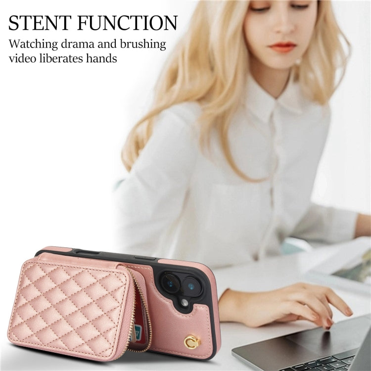 For iPhone 16 AwQuer Crossbody Zipper Wallet Rhombic Leather Back Phone Case(Rose Gold) by Awquer