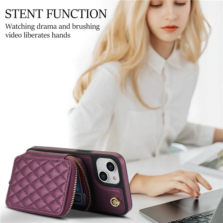 For iPhone 15 AwQuer Crossbody Zipper Wallet Rhombic Leather Back Phone Case(Dark Purple) by Awquer