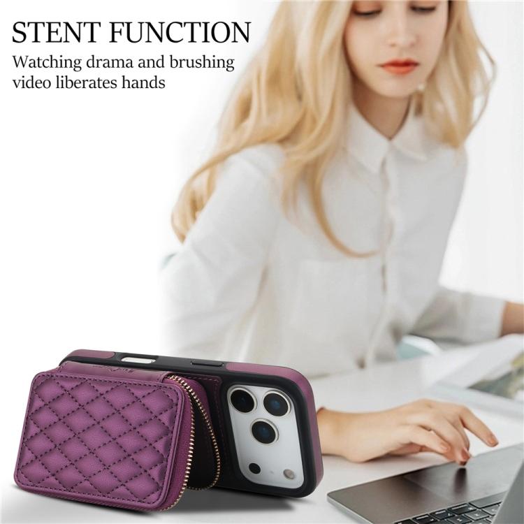 For iPhone 17 Pro Max AwQuer Crossbody Zipper Wallet Rhombic Leather Back Phone Case(Dark Purple) by Awquer