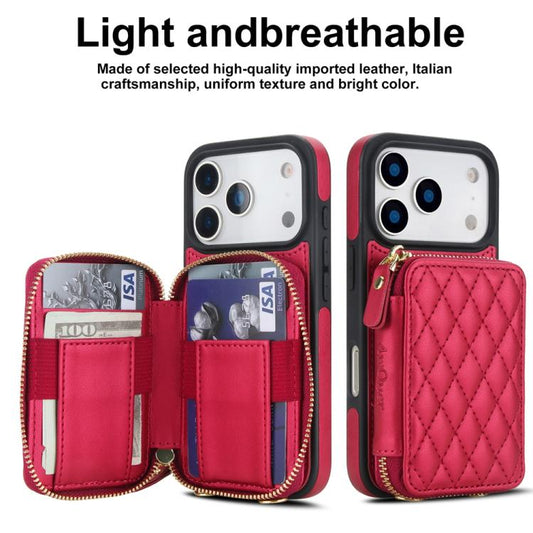 For iPhone 17 Pro AwQuer Crossbody Zipper Wallet Rhombic Leather Back Phone Case(Red) by Awquer