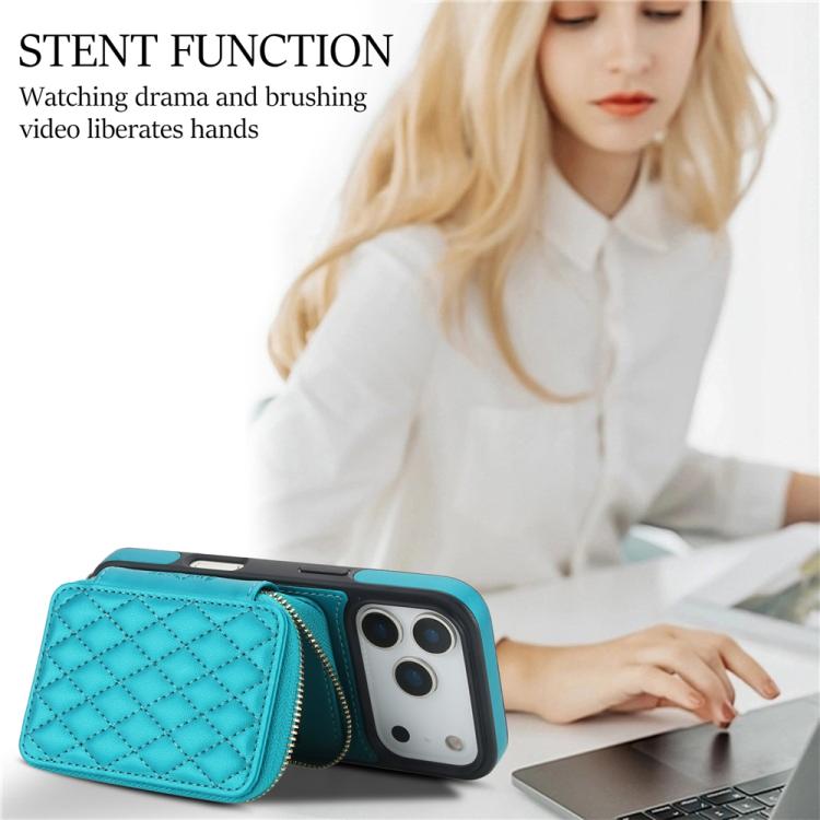 For iPhone 17 Pro AwQuer Crossbody Zipper Wallet Rhombic Leather Back Phone Case(Green) by Awquer