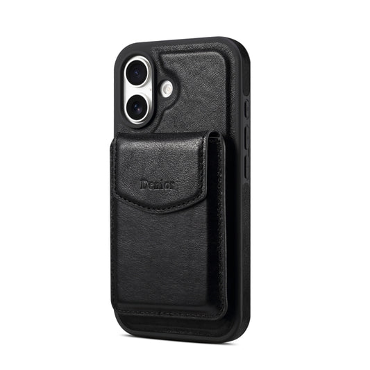 For iPhone 16 Denior D22 Genuine Leather MagSafe Holder Detachable Card Slot Phone Case(Black) by Denior