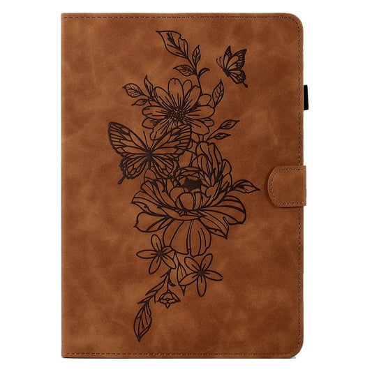 For Amazon Kindle Paperwhite 12th 2024 Peony Butterfly Embossed Leather Smart Tablet Case(Brown) by bashfashion