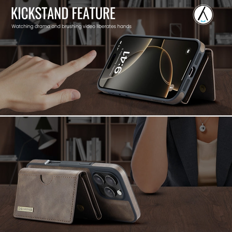 For iPhone 16 Pro DG.MING M6 Series RFID Tri-fold Card Bag Removable Leather Phone Case(Coffee) by DG.MING
