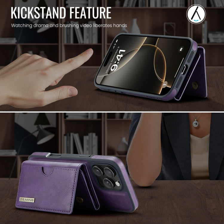 For iPhone 16 Pro DG.MING M6 Series RFID Tri-fold Card Bag Removable Leather Phone Case(Purple) by DG.MING