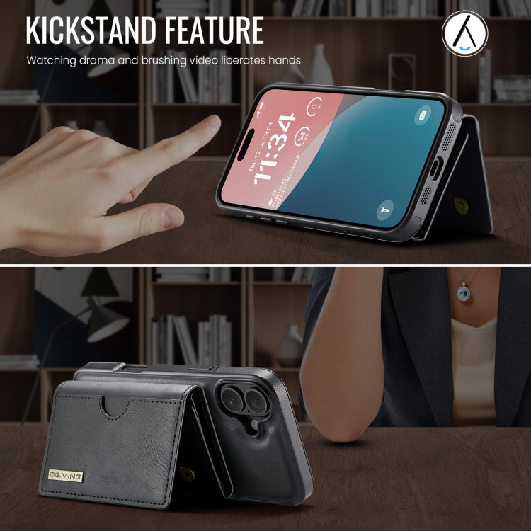 For iPhone 16 Plus DG.MING M6 Series RFID Tri-fold Card Bag Removable Leather Phone Case(Black) by DG.MING