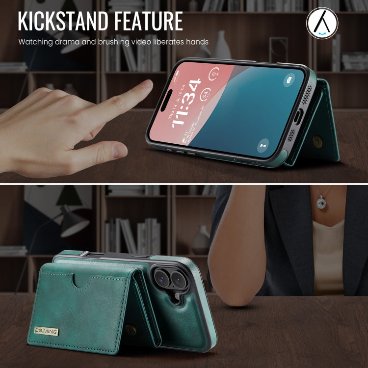 For iPhone 16 Plus DG.MING M6 Series RFID Tri-fold Card Bag Removable Leather Phone Case(Green) by DG.MING