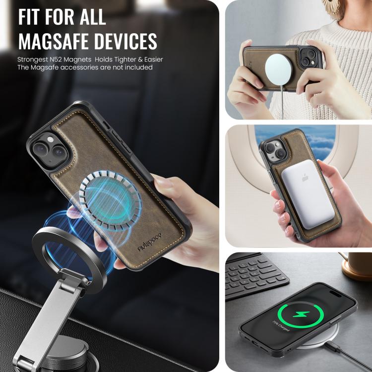 For iPhone 15 Plus AutSpace A13 MagSafe Magnetic RFID Flip Card Bag Phone Case(Coffee) by AutSpace