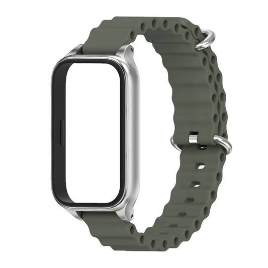 For Xiaomi Smart Band 9 Active / Redmi Band 3 Mijobs Metal Shell Marine Silicone Watch Band(khaki Grey Silver) by MIJOBS
