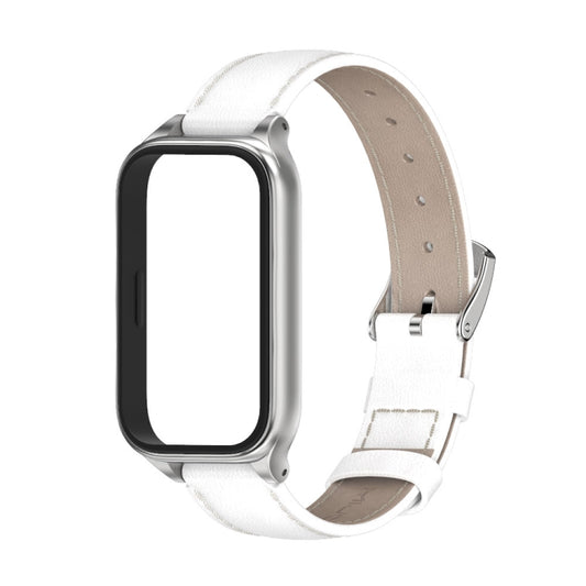 For Xiaomi Smart Band 9 Active / Redmi Band 3 Mijobs Metal Shell Genuine Leather Watch Band(White Silver) by MIJOBS