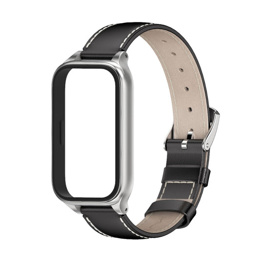 For Xiaomi Smart Band 9 Active / Redmi Band 3 Mijobs Metal Shell Genuine Leather Watch Band(Black Silver) by MIJOBS