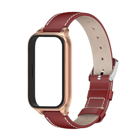 For Xiaomi Smart Band 9 Active / Redmi Band 3 Mijobs Metal Shell Genuine Leather Watch Band(Red Rose Gold) by MIJOBS