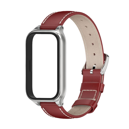 For Xiaomi Smart Band 9 Active / Redmi Band 3 Mijobs Metal Shell Genuine Leather Watch Band(Red Silver) by MIJOBS