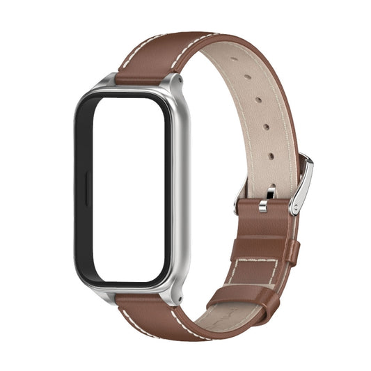 For Xiaomi Smart Band 9 Active / Redmi Band 3 Mijobs Metal Shell Genuine Leather Watch Band(Brown Silver) by MIJOBS