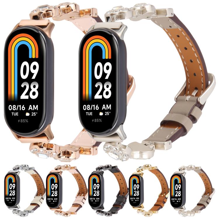 For Xiaomi Smart Band 9 / 8 Metal Diamond Leather Bracelet Watch Band(Gold Brown) by bashfashion
