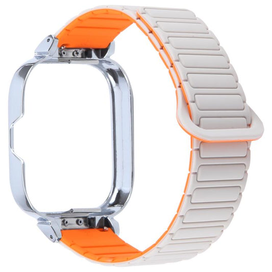For Redmi Watch 5 / Watch 4 Metal Silver Frame Integrated I-shaped Magnetic Silicone Watch Band(White Orange) by bashfashion