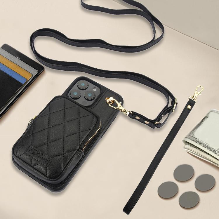 For iPhone 16 Pro Max AwQuer Crossbody Zipper Wallet Bag Litchi Leather Phone Case(Black) by Awquer