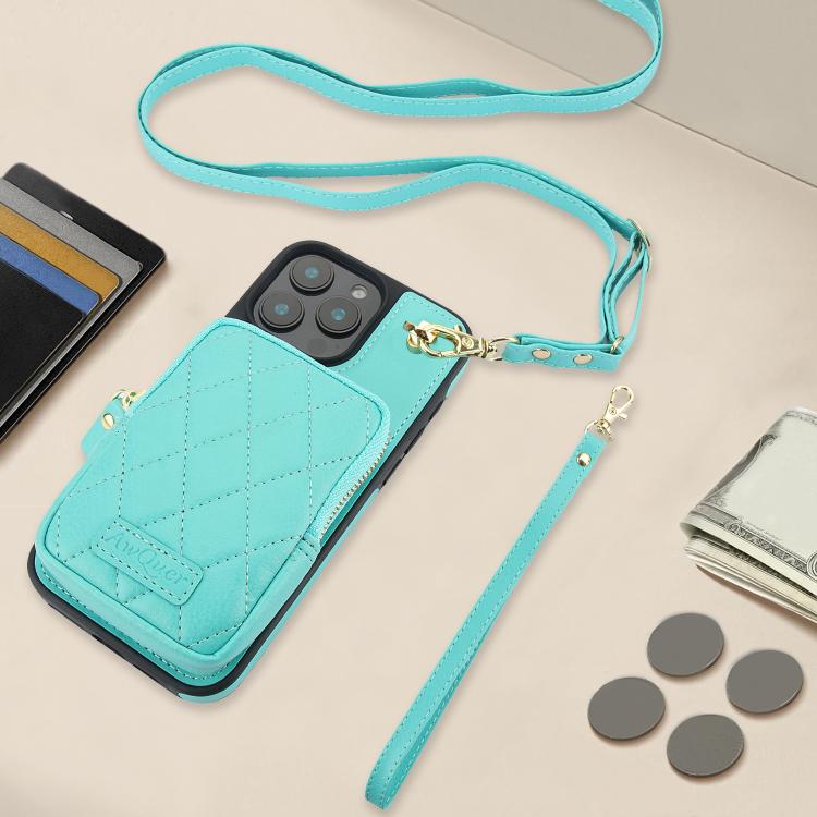 For iPhone 16 Plus AwQuer Crossbody Zipper Wallet Bag Litchi Leather Phone Case(Mint Green) by Awquer