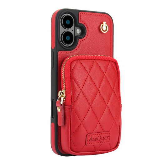 For iPhone 16 AwQuer Crossbody Zipper Wallet Bag Litchi Leather Phone Case(Red) by Awquer
