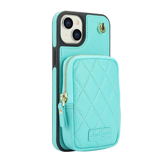 For iPhone 15 Plus AwQuer Crossbody Zipper Wallet Bag Litchi Leather Phone Case(Mint Green) by Awquer