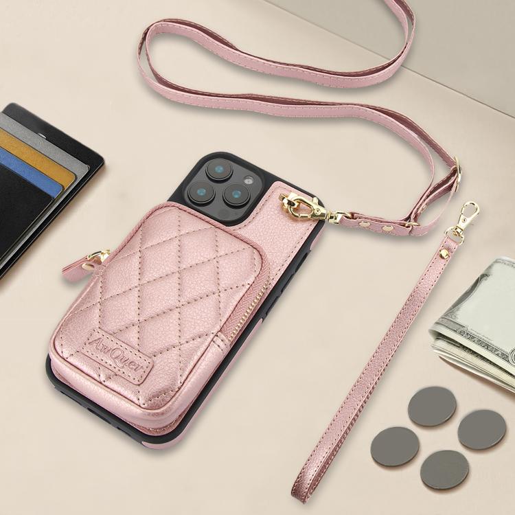 For iPhone 15 AwQuer Crossbody Zipper Wallet Bag Litchi Leather Phone Case(Rose Gold) by Awquer