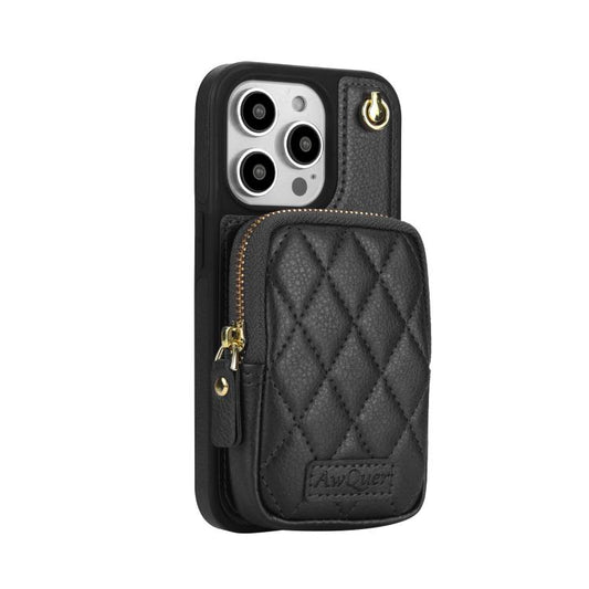 For iPhone 13 Pro Max AwQuer Crossbody Zipper Wallet Bag Litchi Leather Phone Case(Black) by Awquer