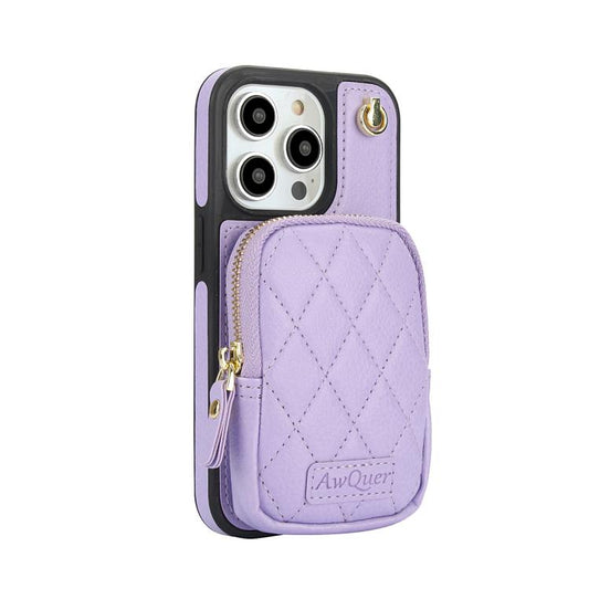 For iPhone 13 Pro AwQuer Crossbody Zipper Wallet Bag Litchi Leather Phone Case(Light Purple) by Awquer