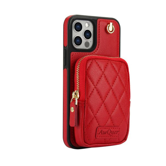 For iPhone 12 / 12 Pro AwQuer Crossbody Zipper Wallet Bag Litchi Leather Phone Case(Red) by Awquer