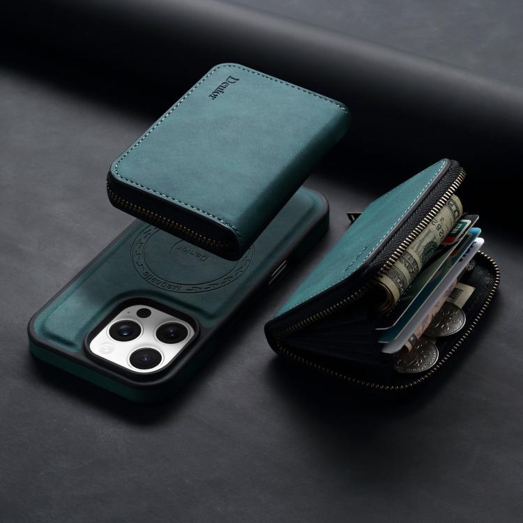 For iPhone 16 Pro Denior D26 Skin Feel MagSafe Zipper Bag Leather Phone Case(Blue) by Denior