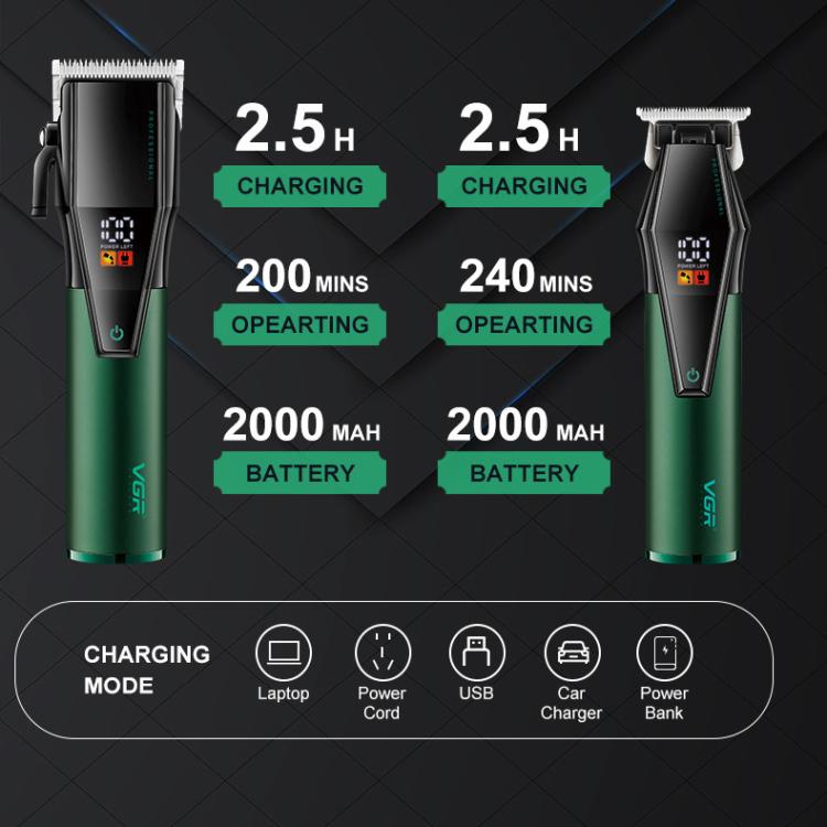 VGR V-677 LED Digital Display Electric Hair Clipper & Trimmer Set(Green) by VGR