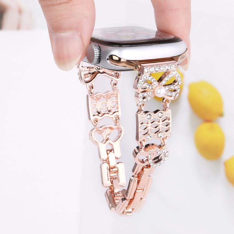 For Apple Watch 42mm / 41mm / 40mm / 38mm Bow Jewelry Buckle Stainless Steel Watch Band(Gold) by bashfashion