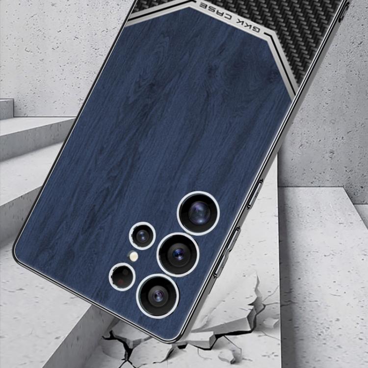 For Samsung Galaxy S25 Ultra 5G GKK Plating Leather Wood Texture Full Coverage Phone Case(Black) by GKK