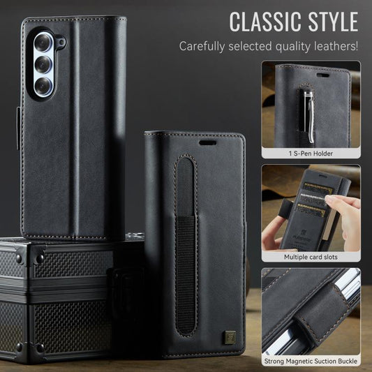 For Samsung Galaxy Z Fold6 5G AutSpace A11 Side Buckle MagSafe Magnetic RFID Phone Leather Case(Black) by AutSpace