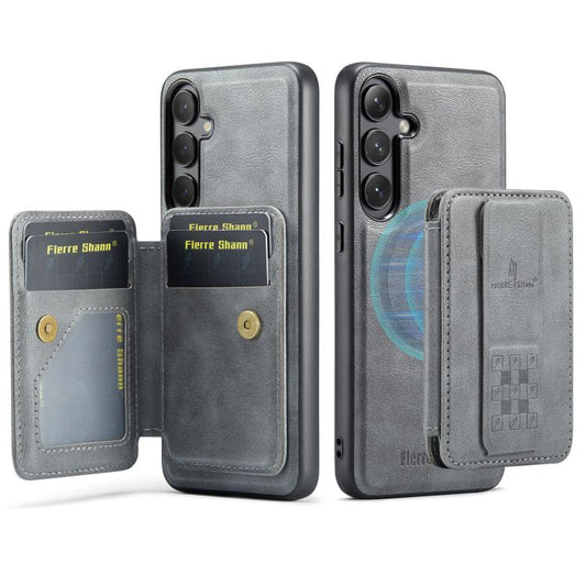 For Samsung Galaxy S25+ 5G Fierre Shann FS028 MagSafe RFID Card Holder Back Phone Case(Grey) by FIERRE SHANN