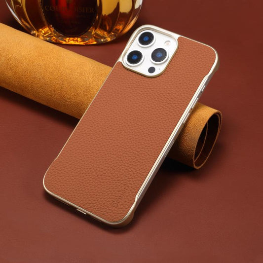 For iPhone 15 Pro Max Denior A20 Genuine Leather Litchi Texture MagSafe Frameless Phone Case(Brown) by Denior