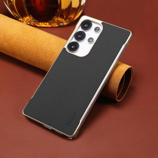 For Samsung Galaxy S25 Ultra 5G Denior A20 Genuine Leather Litchi Texture MagSafe Frameless Phone Case(Black) by Denior