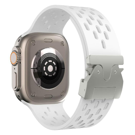 For Apple Watch 46mm / 49mm / 45mm / 44mm Kalebol Mesh Silver Umbrella Buckle Silicone Strap(White) by Kalebol