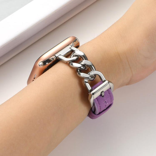 For Apple Watch 46mm / 49mm / 45mm / 44mm Metal Chain Leather Denim Watch Band(Purple) by bashfashion
