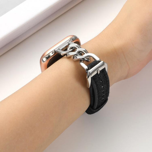 For Apple Watch 42mm / 41mm / 40mm / 38mm Metal Chain Leather Denim Watch Band(Black) by bashfashion