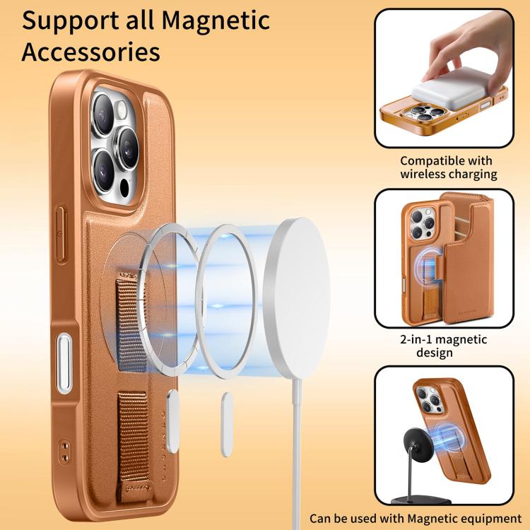 For iPhone 16 Plus CaseNeo Finger Grip Strap MagSafe Leather Phone Case(Brown) by CaseNeo