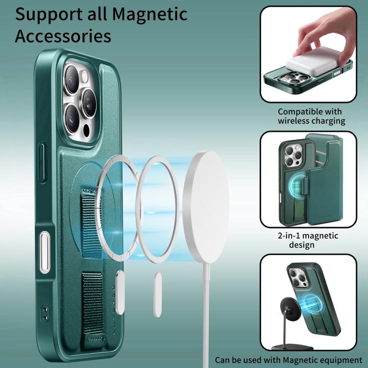 For iPhone 16 CaseNeo Finger Grip Strap MagSafe Leather Phone Case(Green) by CaseNeo