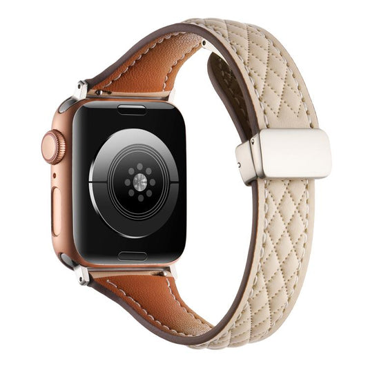 For Apple Watch 42mm / 41mm / 40mm / 38mm Kalebol Diamond Pattern Magnetic Buckle Leather Strap(Apricot) by Kalebol
