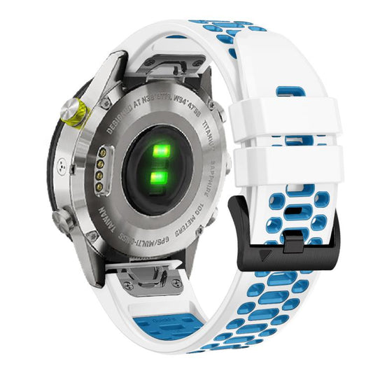 For Garmin Fenix 7 22mm Kalebol Three Rows Hole Two Color Silicone Watch Band(White Blue) by Kalebol