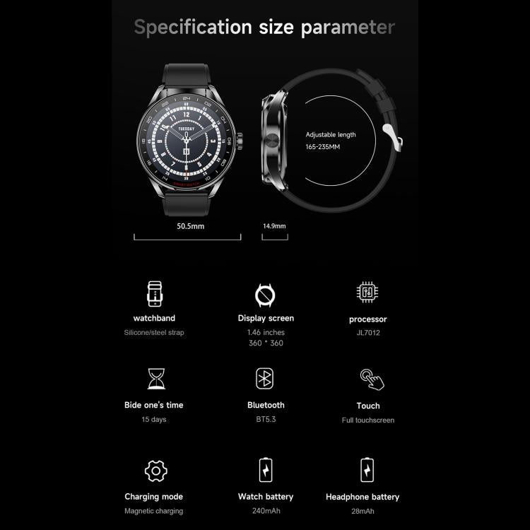 D9 1.46 inch 2 in 1 Bluetooth Earphone Smart Watch, Support Bluetooth Call / NFC / Heart Rate(Black) by bashfashion