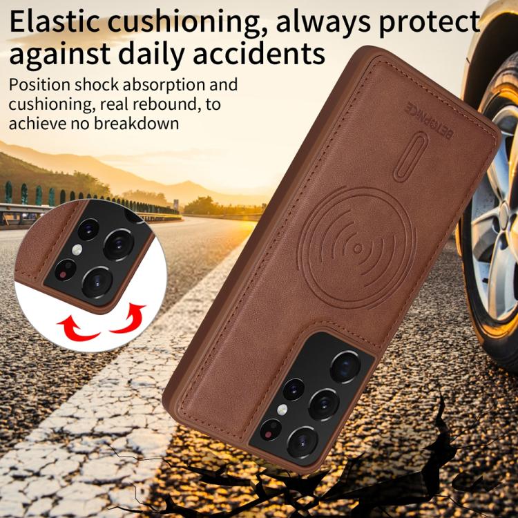 For Samsung Galaxy S21 Ultra 5G BETOPNICE Horizontal Flip Detachable MagSafe Wallet Phone Case(Brown) by BETOPNICE