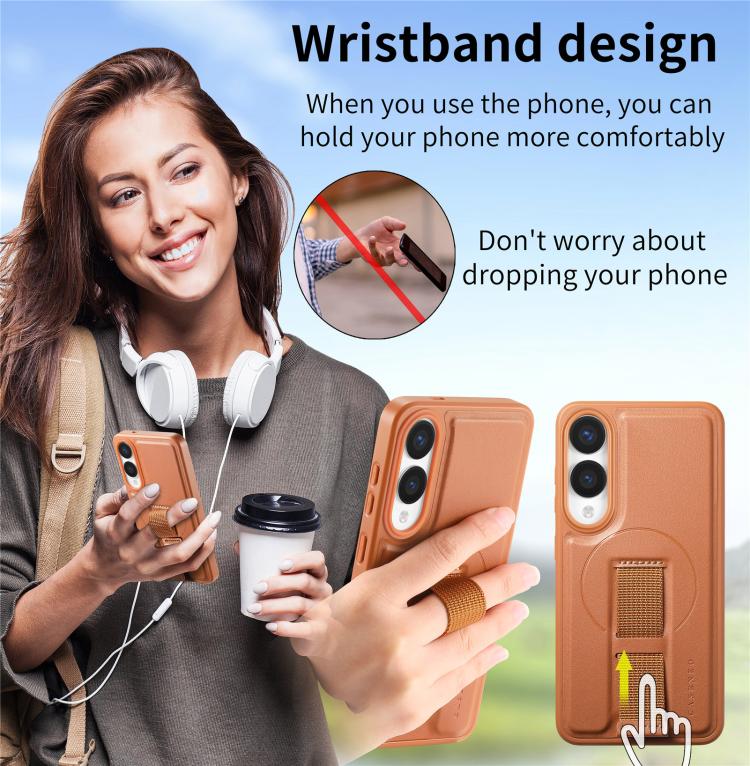 For Samsung Galaxy S25 Edge 5G CaseNeo Finger Grip Strap MagSafe Leather Phone Case(Brown) by CaseNeo